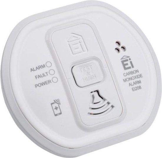 Witte koolmonoxidemelder met "TEST & HUSH" knop, "ALARM", "FAULT", "POWER" indicatoren en "Ei CARBON MONOXIDE ALARM EI208" tekst.