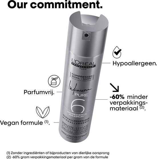 Zilverkleurige spuitbus met L'Oréal logo. Hypoallergeen, parfumvrij, vegan formule, 60% minder verpakkingsmateriaal.