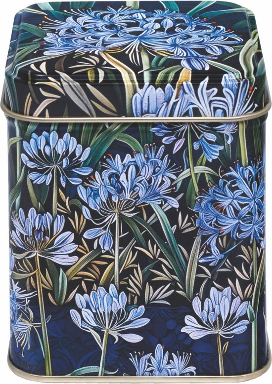 Boîte de rangement en métal avec des fleurs d'agapanthe bleues sur fond bleu foncé.
