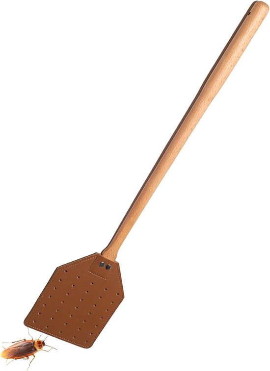 2st Leren Vliegenmepper, 49,5cm Lang Zwaar Uitgevoerd Vliegenmepper Handmatig met Houten Handvat Vliegenvanger voor Binnen en Buiten(Bruin