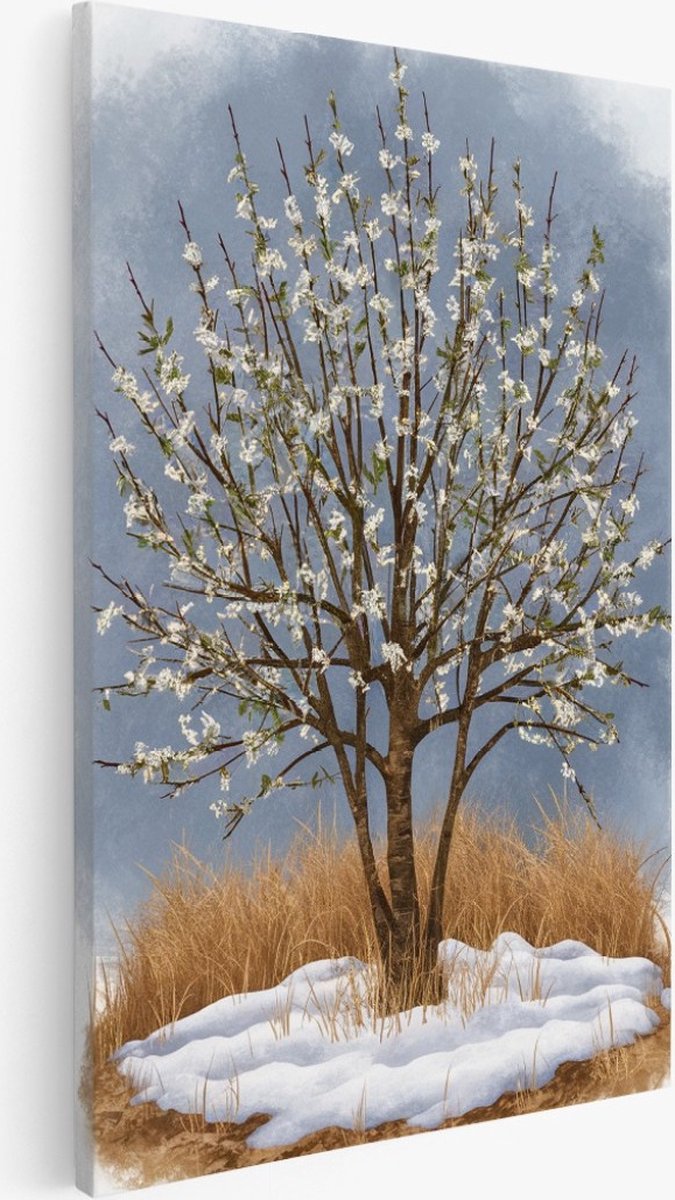 Saammp Canvas Schilderij - Witte Bloesem aan takken - Winterboom - Bloemen - Abstract - 20x30 - Foto op canvas - Wanddecoratie - Muurdecoratie Woonkamer - Kantoor Decoratie Multicolor