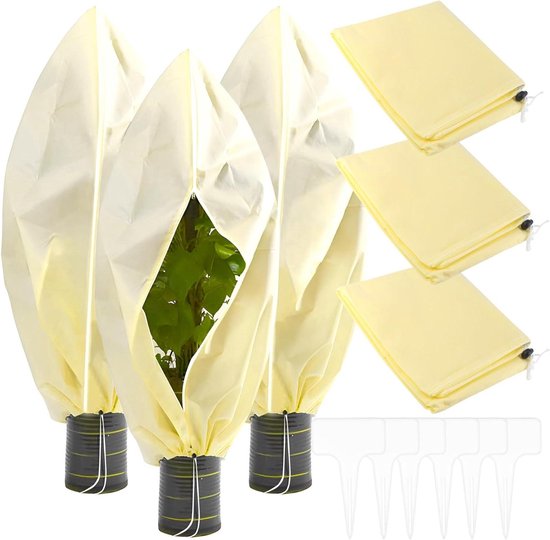 VOUNOT Set van 3 Winterbescherming voor Planten, Potplanten, Vorstbescherming, Potplantenzak met Trekkoord, 80 g/m², 80 x 100 cm