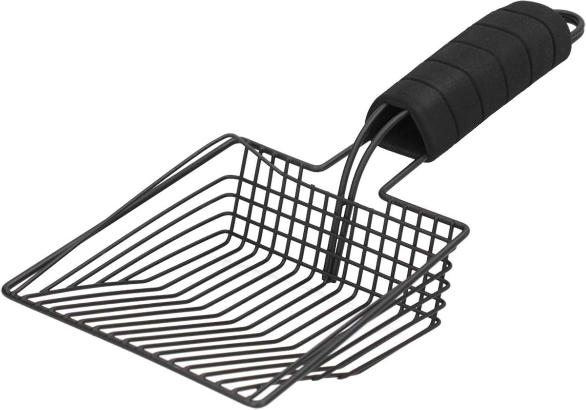 Metalen kattenbakschep - snel zeven - comfortabele handgreep - lang handvat - zwart - maat L .