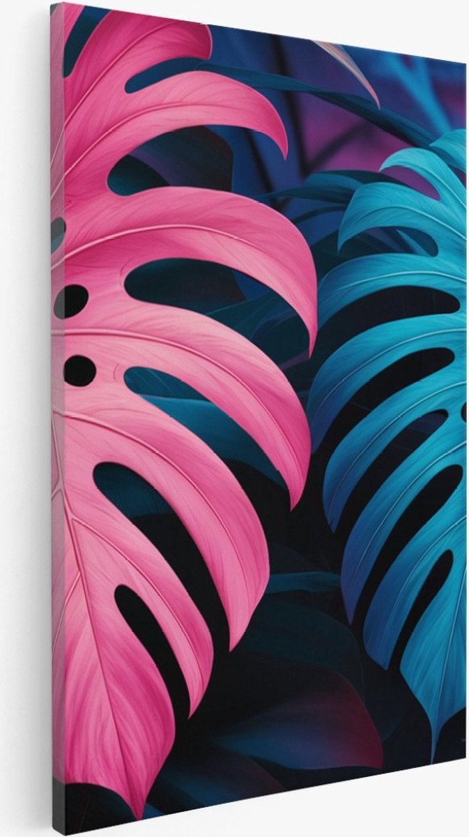Saammp Canvas Schilderij - Roze Blauwe Bladeren - Landschap - Natuur - 50x70 - Foto op canvas - Wanddecoratie - Muurdecoratie Woonkamer - Slaapkamer decoratie - Canvas Print Multicolor