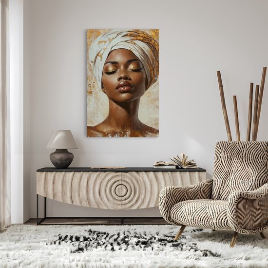 Saammp - Canvas Schilderij - Afrikaanse vrouw met witte tulband en goud - abstract - 100x150 - Foto op canvas - Wanddecoratie - Muurdecoratie Woonkamer - Slaapkamer decoratie - Canvas Print
