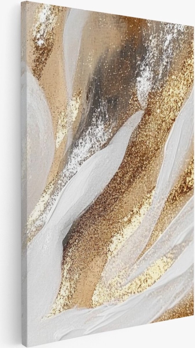 Saammp Canvas Schilderij - Wit goud patroon - Abstract kunstwerk - 50x70 - Foto op canvas - Wanddecoratie - Muurdecoratie Woonkamer - Slaapkamer decoratie - Canvas Print Multicolor