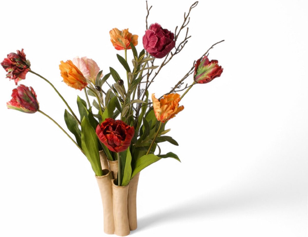 Winq Papagaai Kunsttulpen compleet met Tulpenvaas Multicolor-tulpen 75cm-kunstboeket rood