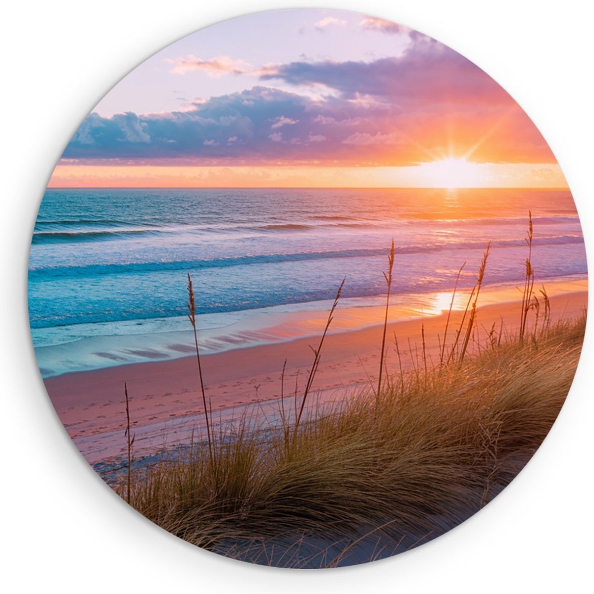 Saammp Forex Muurcirkel - Zonsondergang - Strand - Zee en Duinen - Ø 80 - Wandcirkel - Wanddecoratie Cirkel - muurdecoratie Woonkamer - Slaapkamer decoratie - Rond Schilderij