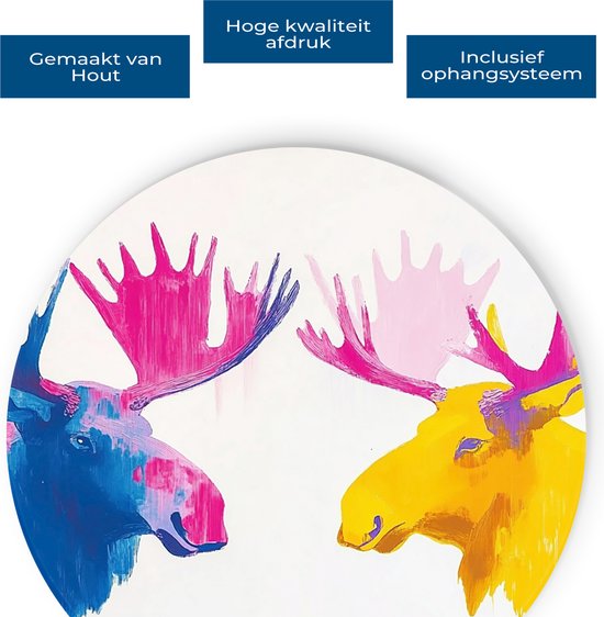 Saammp Muurcirkel Hout - 2 elanden- Natuur - Dieren - Ø 50 - Wandcirkel - Wanddecoratie Cirkel - Muurdecoratie Woonkamer - Slaapkamer decoratie - Rond Schilderij