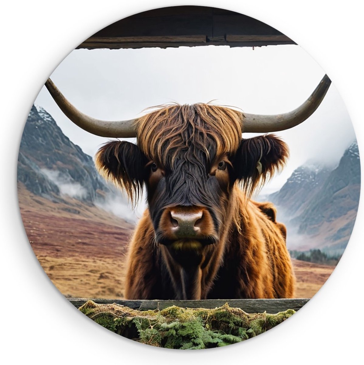 Saammp Muurcirkel Hout - Glurende hooglander Koe - Doorkijk - Dieren - Ø 50 - Wandcirkel - Wanddecoratie Cirkel - Muurdecoratie Woonkamer - Slaapkamer decoratie - Rond Schilderij