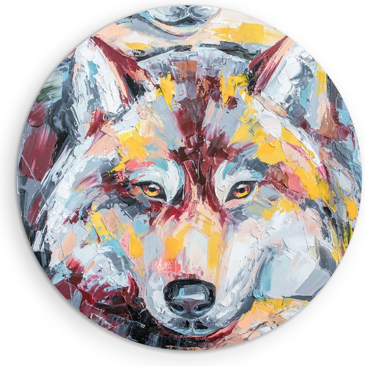 Saammp Muurcirkel Hout - Abstract Kleurrijke Wolf - Natuur - Dieren - Ø 50 - Wandcirkel - Wanddecoratie Cirkel - Muurdecoratie Woonkamer - Slaapkamer decoratie - Rond Schilderij