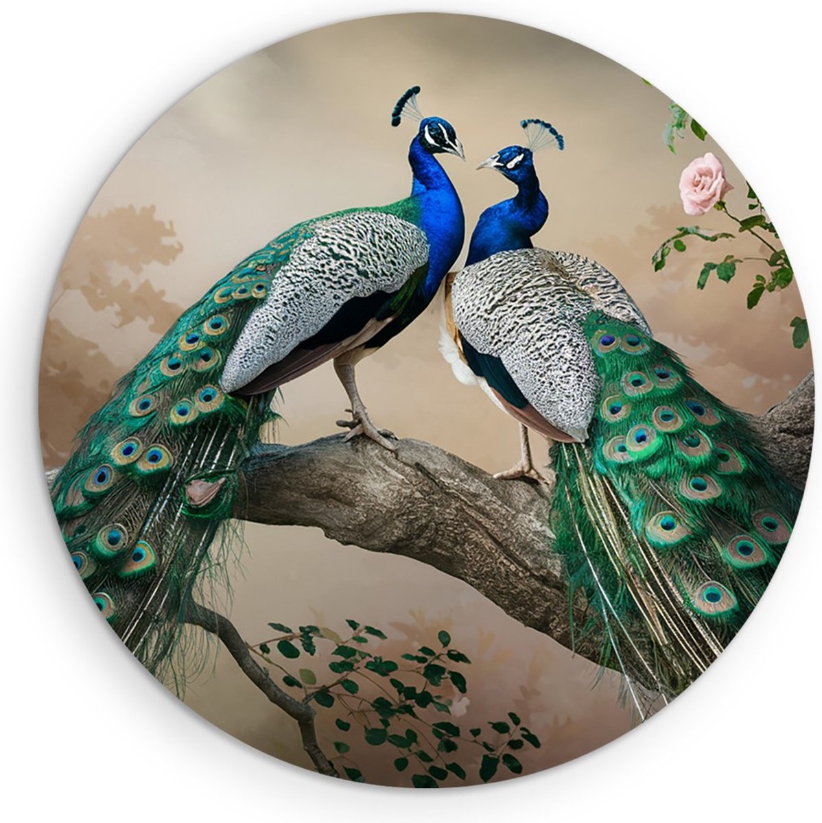 Saammp Muurcirkel Hout - 2 Pauwen - Dieren - Natuur - Ø 50 - Wandcirkel - Wanddecoratie Cirkel - muurdecoratie Woonkamer - Slaapkamer decoratie - Rond Schilderij