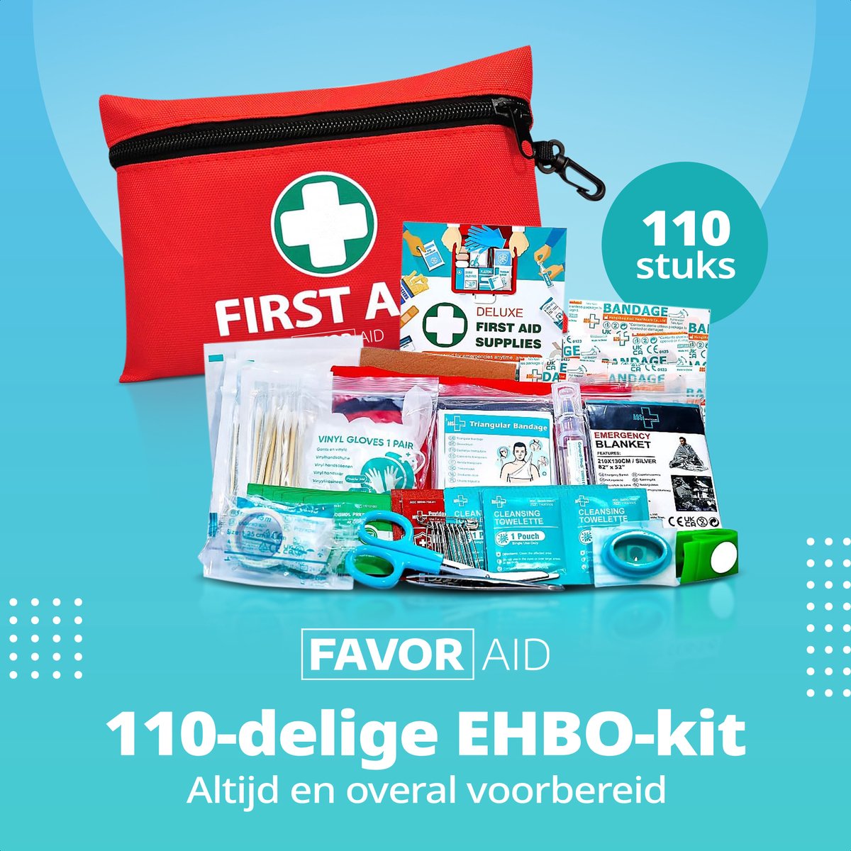 FavorAid 110-delige EHBO kit - ehbo koffer - verbanddoos - verband - noodpakket - ehbo voor Thuis, Auto en Reis - First aid kit met pleisters - verbandtrommel – foto 2