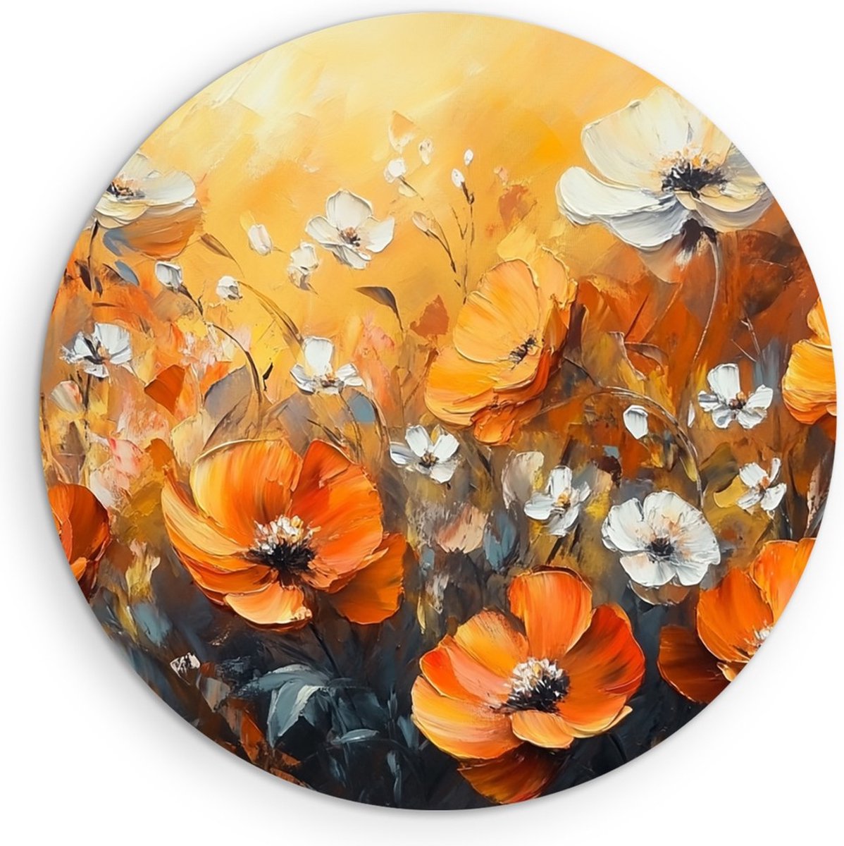 Saammp Muurcirkel Hout - Oranje en witte bloemen - Natuur - Abstract - Ø 80 - Wandcirkel - Wanddecoratie Cirkel - Muurdecoratie Woonkamer - Woonkamer Decoratie
