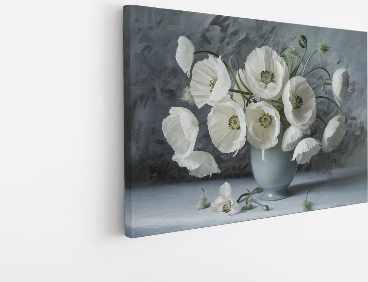 Saammp Canvas Schilderij - Witte Bloemen in Grijze Vaas - Abstract - 120x80 - Foto op canvas - Wanddecoratie - Muurdecoratie Woonkamer - Kantoor Decoratie Multicolor