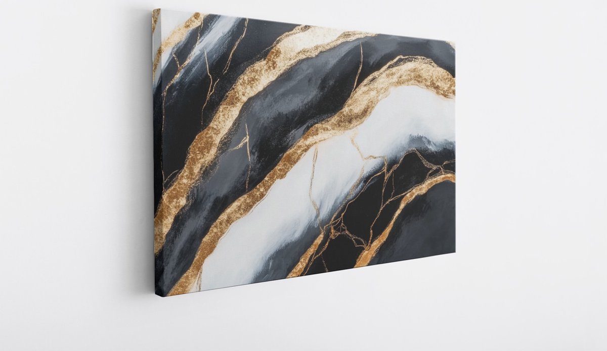 Saammp Canvas Schilderij - Zwart - marmer - Goud - Abstract - 40x30 - Foto op canvas - Wanddecoratie - Muurdecoratie Woonkamer - Kantoor Decoratie Multicolor