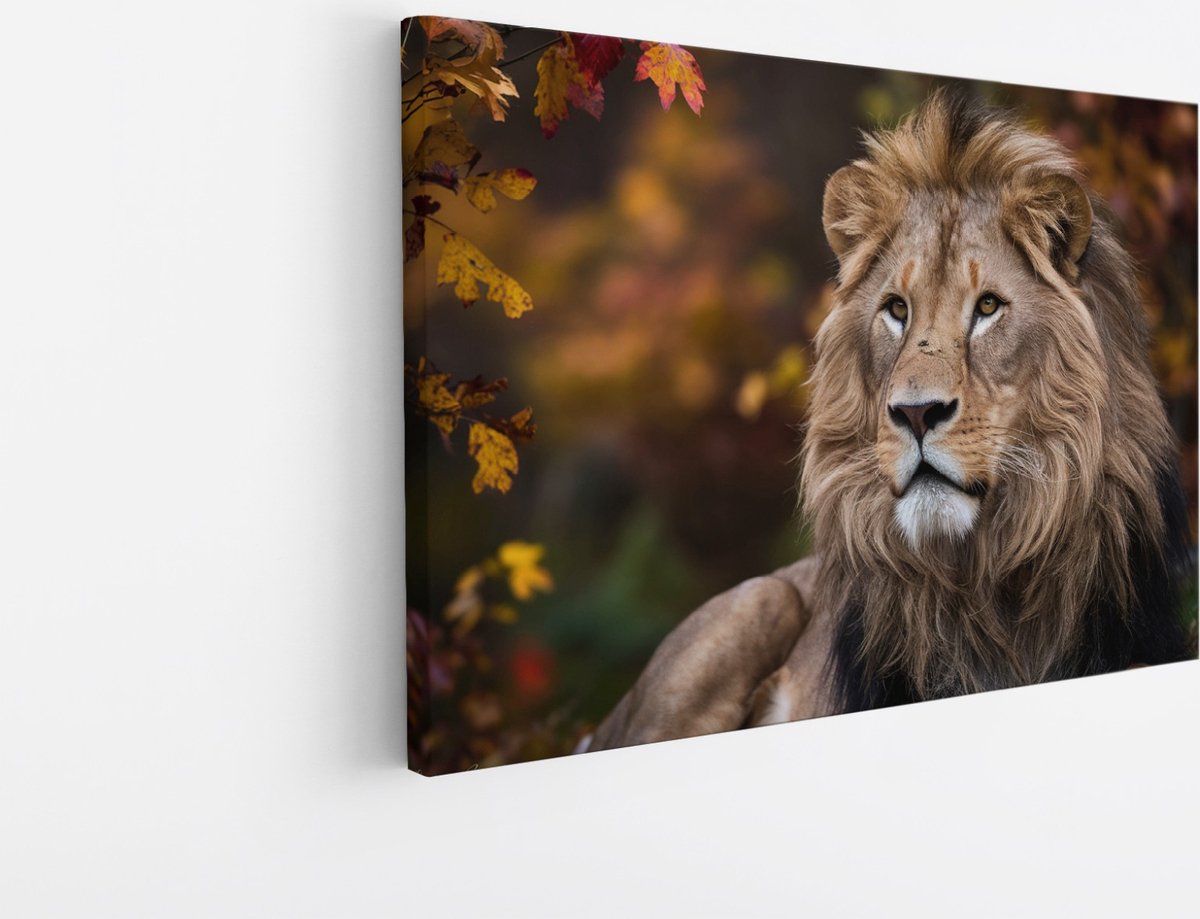 Saammp Canvas Schilderij - Leeuw tussen de herfst bladeren - Dieren - Natuur - 100x75 - Foto op canvas - Wanddecoratie - Muurdecoratie Woonkamer - Slaapkamer decoratie - Canvas Print Multicolor
