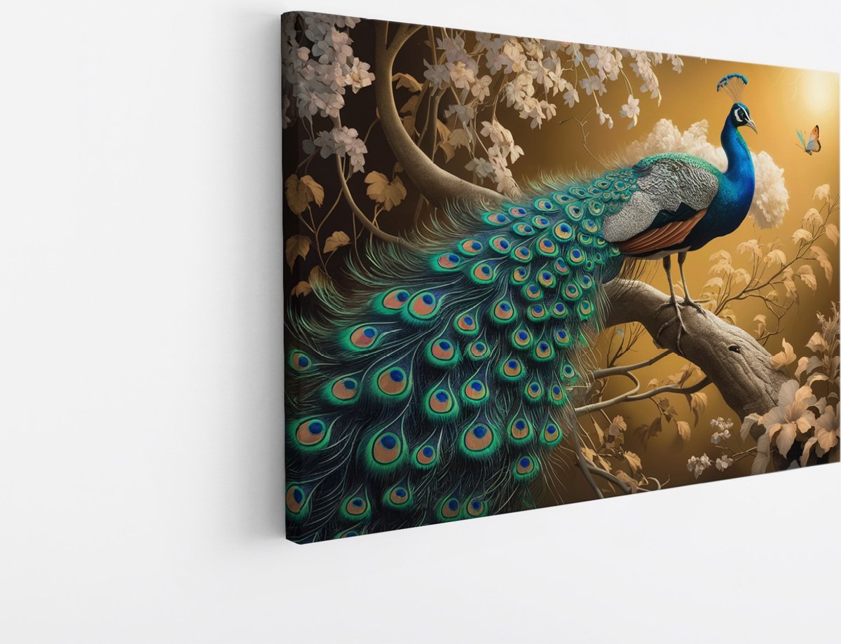 Saammp Canvas Schilderij - Pauw tussen de bloemen en vlinders - Dieren - Natuur - 50x40 - Foto op canvas - Wanddecoratie - muurdecoratie Woonkamer - Slaapkamer decoratie - Canvas Print Multicolor