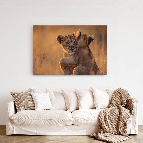 Saammp Canvas Schilderij - Leeuwenwelpen - Dieren - Natuur - 50x40 - Foto op canvas - Wanddecoratie - Muurdecoratie Woonkamer - Slaapkamer decoratie - Canvas Print