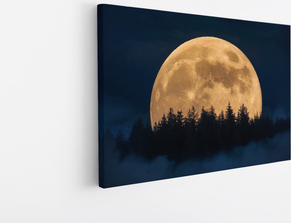 Saammp Canvas Schilderij - Maan met bos - Natuur - Landschap - 50x40 - Foto op canvas - Wanddecoratie - Muurdecoratie Woonkamer - Slaapkamer decoratie - Canvas Print Multicolor