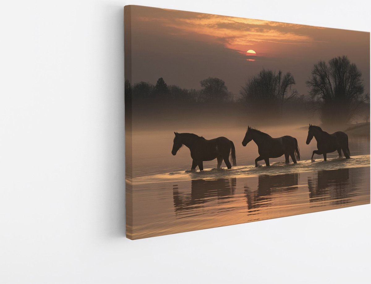 Saammp Canvas Schilderij - Paarden in het water met zonsondergang - Natuur - Dieren - 90x60 - Foto op canvas - Wanddecoratie - Muurdecoratie Woonkamer - Slaapkamer decoratie - Canvas Print Multicolor