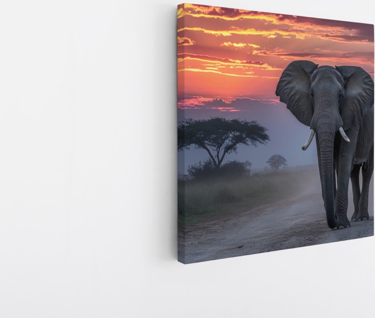 Saammp Canvas Schilderij - Olifant in de Serangeti in de zonsondergang- Natuur - Dieren - 20x20 - Foto op canvas - Wanddecoratie - Muurdecoratie Woonkamer - Slaapkamer decoratie - Canvas Print Multicolor