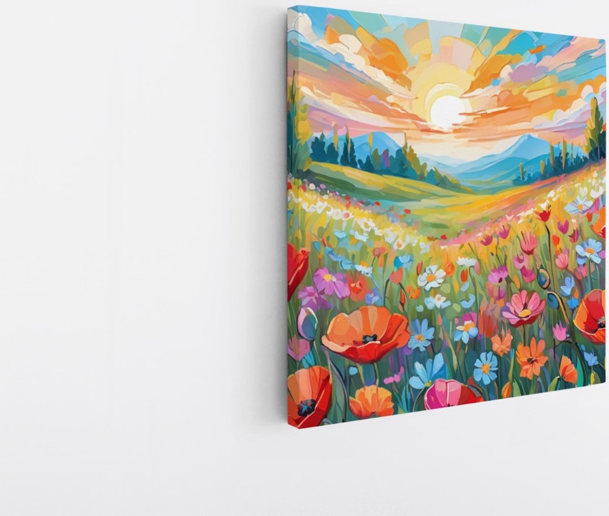 Saammp Canvas Schilderij - Bloemenveld met zonsondergang - Natuur - Landschap - 20x20 - Foto op canvas - Wanddecoratie - Muurdecoratie Woonkamer - Slaapkamer decoratie - Canvas Print Multicolor