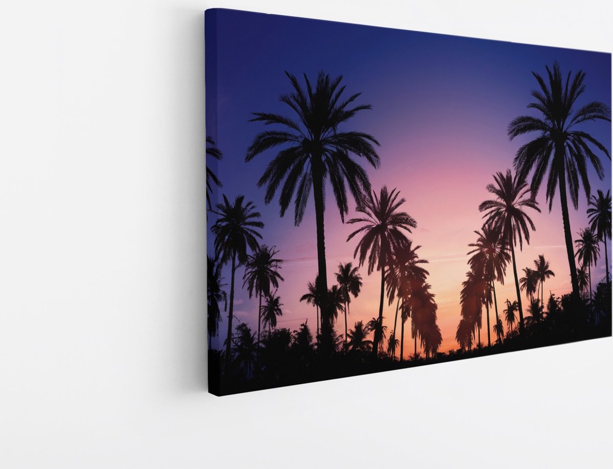Saammp Canvas Schilderij - Palmbomen met zonsondergang - Natuur - 150x100 - Foto op canvas - Wanddecoratie - Muurdecoratie Woonkamer - Slaapkamer decoratie - Canvas Print Multicolor