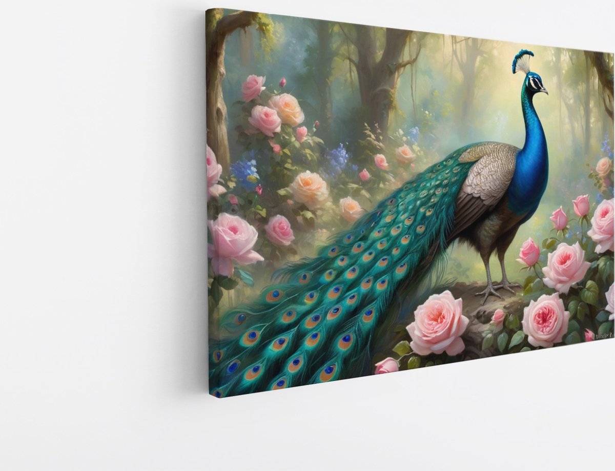 Saammp Canvas Schilderij - Pauw tussen de roze bloemen - Dieren - Natuur - 45x30 - Foto op canvas - Wanddecoratie - muurdecoratie Woonkamer - Slaapkamer decoratie - Canvas Print Multicolor