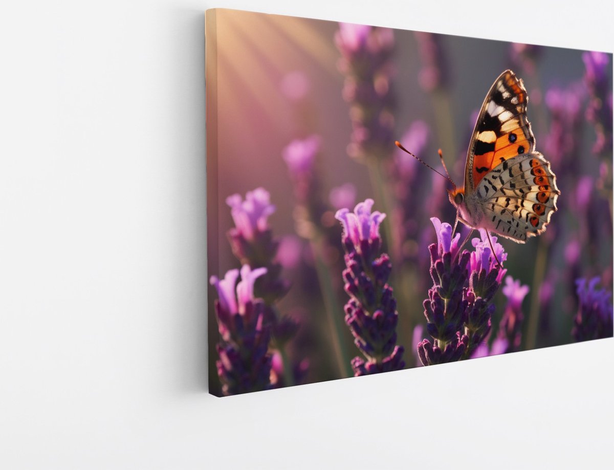 Saammp Canvas Schilderij -Vlinder op lavendel bloem - Dieren - 45x30 - Foto op canvas - Wanddecoratie - muurdecoratie Woonkamer - Slaapkamer decoratie - Canvas Print Multicolor