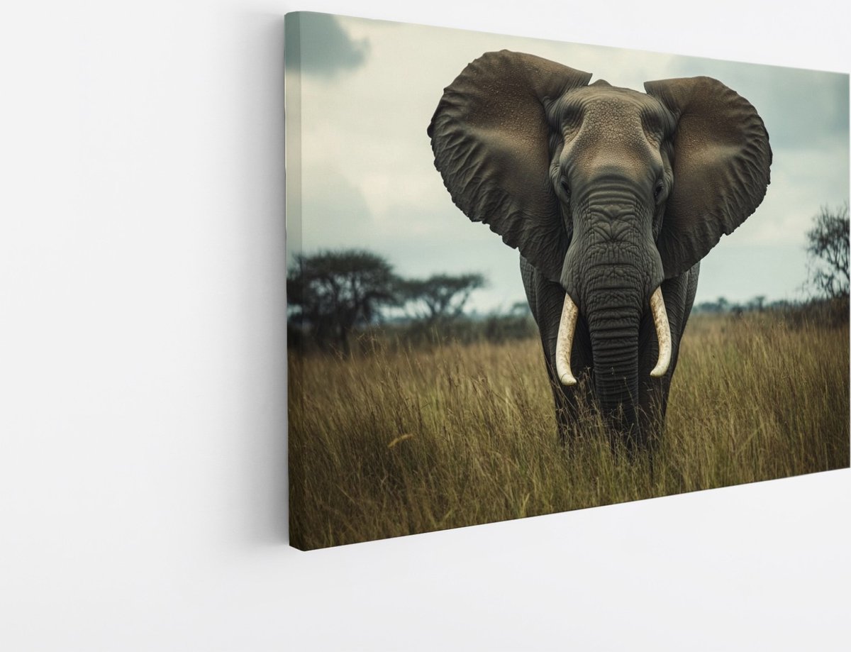 Saammp Canvas Schilderij - Olifant in hoog gras - Afrika - Dieren - 120x80 - Foto op canvas - Wanddecoratie - muurdecoratie Woonkamer - Slaapkamer decoratie - Canvas Print Multicolor