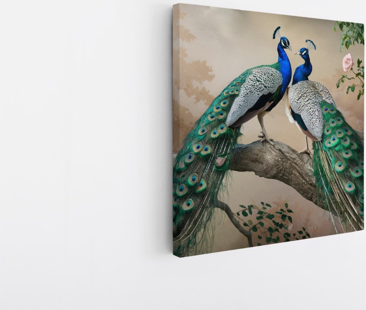 Saammp Canvas Schilderij - 2 Pauwen - Dieren - Natuur - 20x20 - Foto op canvas - Wanddecoratie - muurdecoratie Woonkamer - Slaapkamer decoratie - Canvas Print Multicolor
