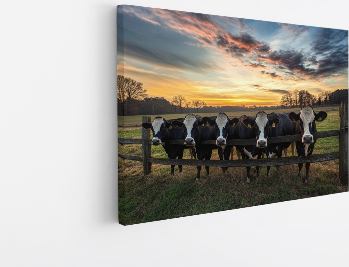 Saammp Canvas Schilderij - Koeien bij een hek - Dieren - Natuur - 70x50 - Foto op canvas - Wanddecoratie - Muurdecoratie Woonkamer - Slaapkamer decoratie - Canvas Print Multicolor