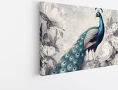 Saammp Canvas Schilderij - Pauw met witte Bloemen - Dieren - Natuur - 60x40 - Foto op canvas - Wanddecoratie - muurdecoratie Woonkamer - Slaapkamer decoratie - Canvas Print