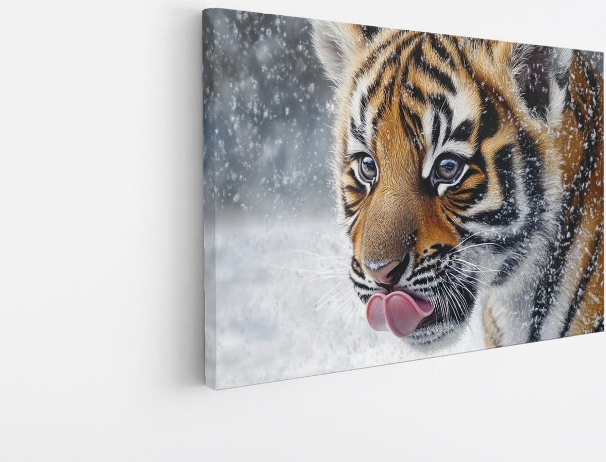 Saammp Canvas Schilderij - Tijger welp in de sneeuw - Natuur - Dieren - 30x20 - Foto op canvas - Wanddecoratie - muurdecoratie Woonkamer - Slaapkamer decoratie - Canvas Print Multicolor