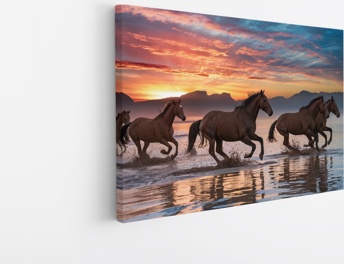 Saammp Canvas Schilderij -Groep paarden In het water tijdens zonsondergang- Dieren - Natuur - 30x20 - Foto op canvas - Wanddecoratie - muurdecoratie Woonkamer - Slaapkamer decoratie - Canvas Print Multicolor