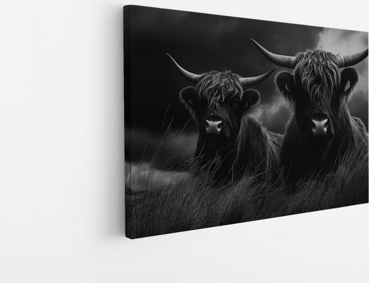 Saammp Canvas Schilderij - Hooglander koeien in hoog gras - Natuur - Dieren - 60x40 - Foto op canvas - Wanddecoratie - Muurdecoratie Woonkamer - Slaapkamer decoratie - Canvas Print Multicolor