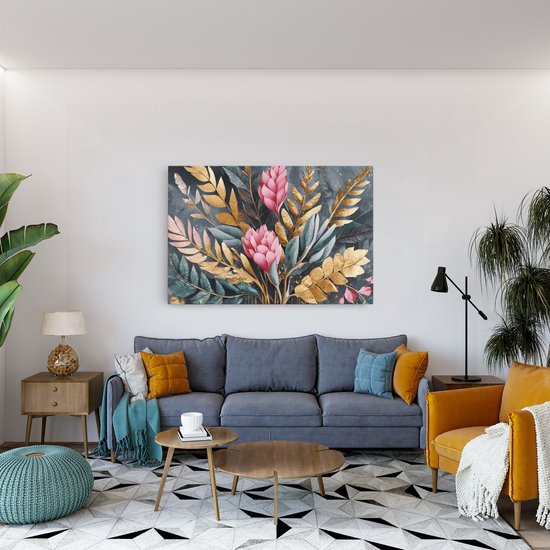 Saammp Canvas Schilderij - Grote roze bloemen en gouden bladeren - Modern - 100x75 - Foto op canvas - Wanddecoratie - Muurdecoratie Woonkamer - Kantoor Decoratie