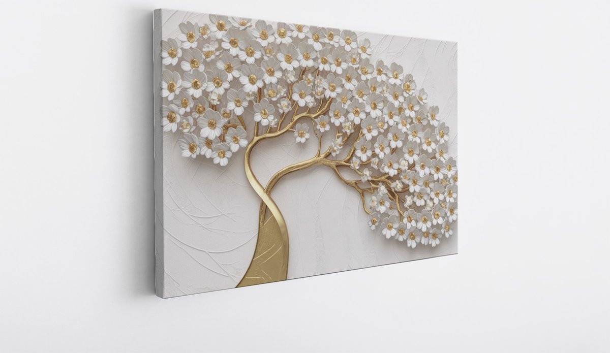 Saammp Canvas Schilderij - goude boom met witte bloemen - Abstract - 150x100 - Foto op canvas - Wanddecoratie - Muurdecoratie Woonkamer - Slaapkamer decoratie - Canvas Print Multicolor