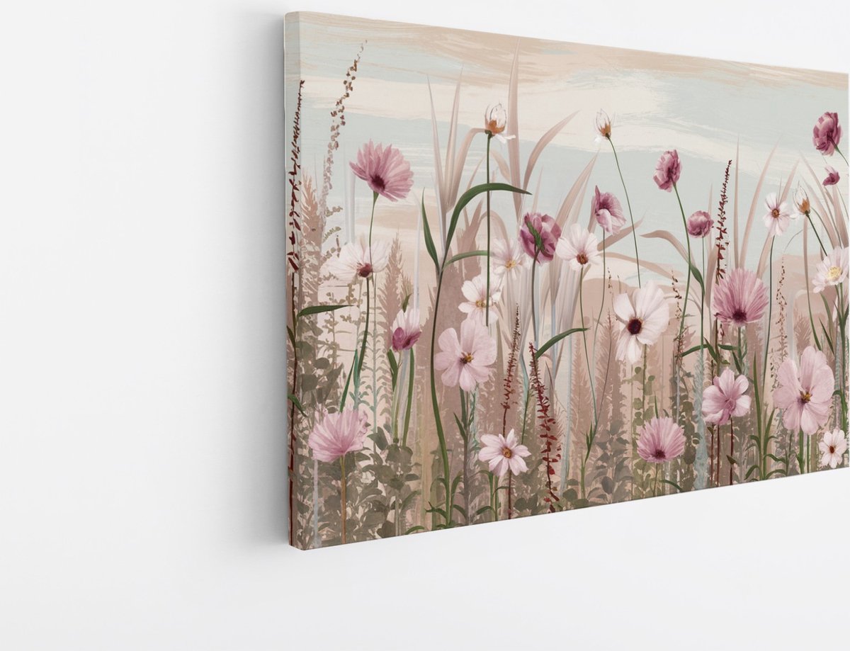 Saammp Canvas Schilderij - Abstracte Roze Bloemen - Natuur - 45x30 - Foto op canvas - Wanddecoratie - Muurdecoratie Woonkamer - Kantoor Decoratie Multicolor