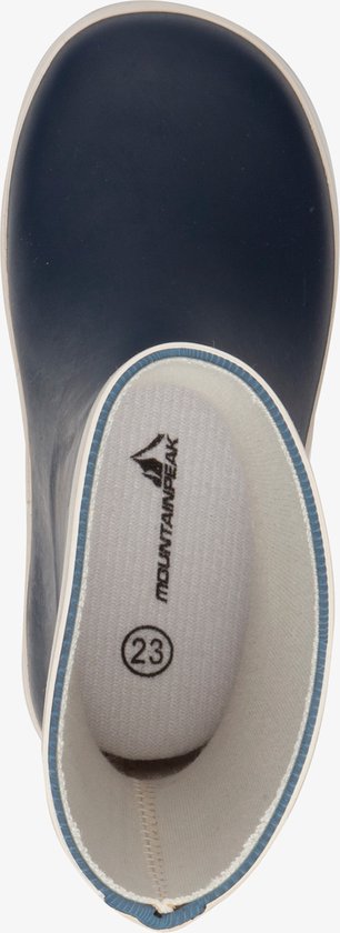 Dessus d'une botte de pluie bleu foncé avec doublure beige et logo.