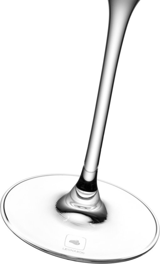 Onderkant van een champagneglas met ronde voet en het Leonardo logo.