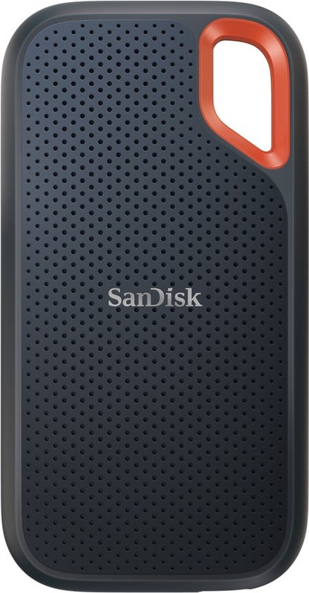SanDisk Extreme Portable SSD, donkergrijs met oranje lus.