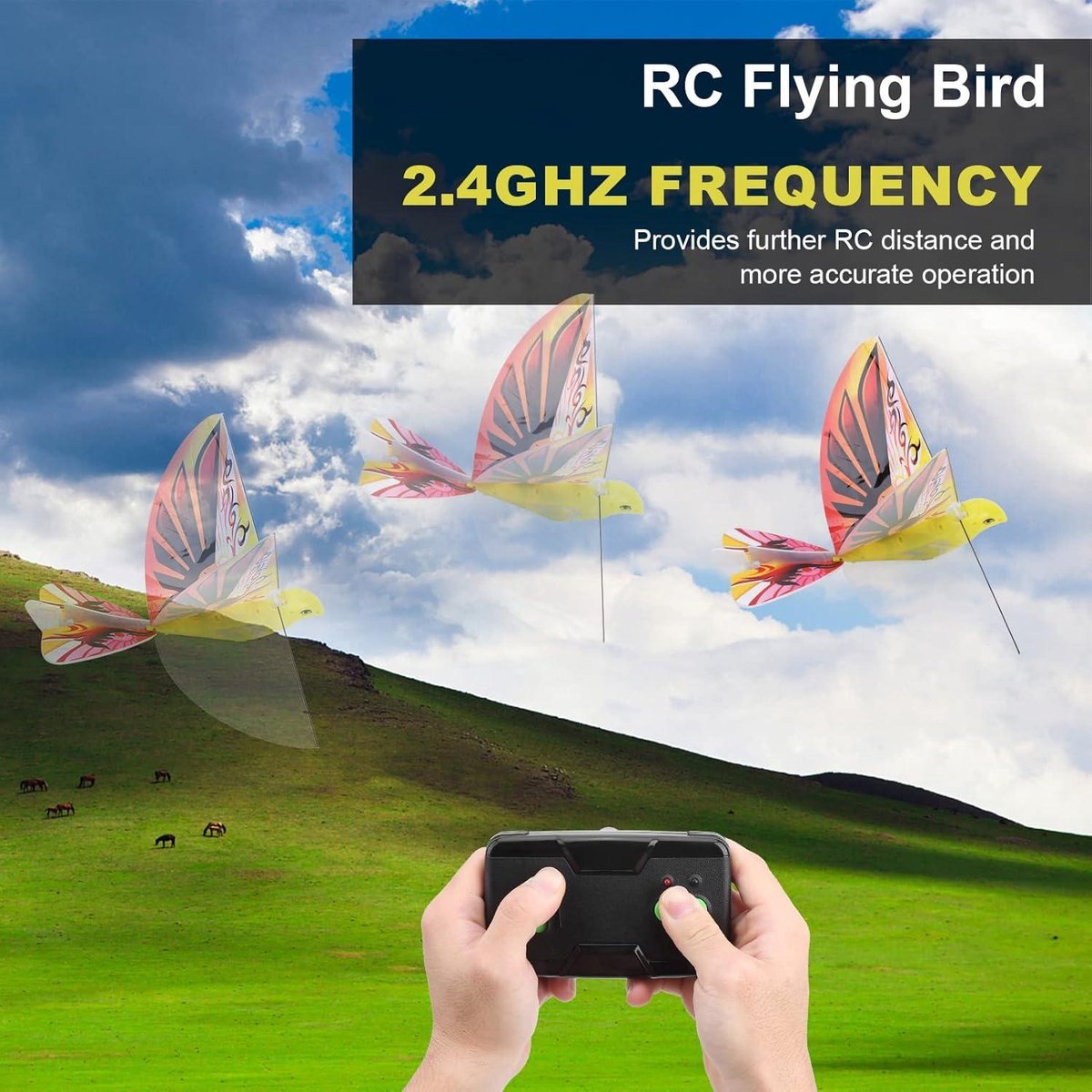 Srliya Elektronischer Fliegender Vogel, Fliegendes RC-Vogelspielzeug, 2,4 GHz, USB-Aufladung, LED, Bionische Schlagflügel, Vogel für Drinnen und Draußen (Blau