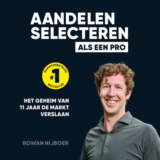 Couverture de livre intitulée 'Aandelen selecteren als een pro'. Un homme sourit à la caméra.