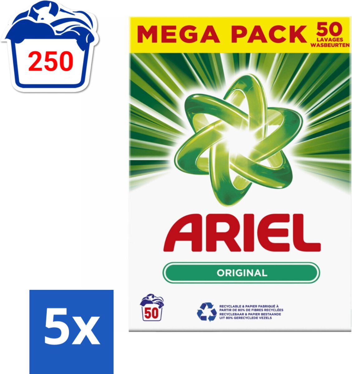 5 x Ariel Original - Waspoeder - Witte en Lichtgekleurde Was - 50 Wasbeurten - Waspoeder - Reiniging - Wasmachine - Energiebesparing - Milieuvriendelijk