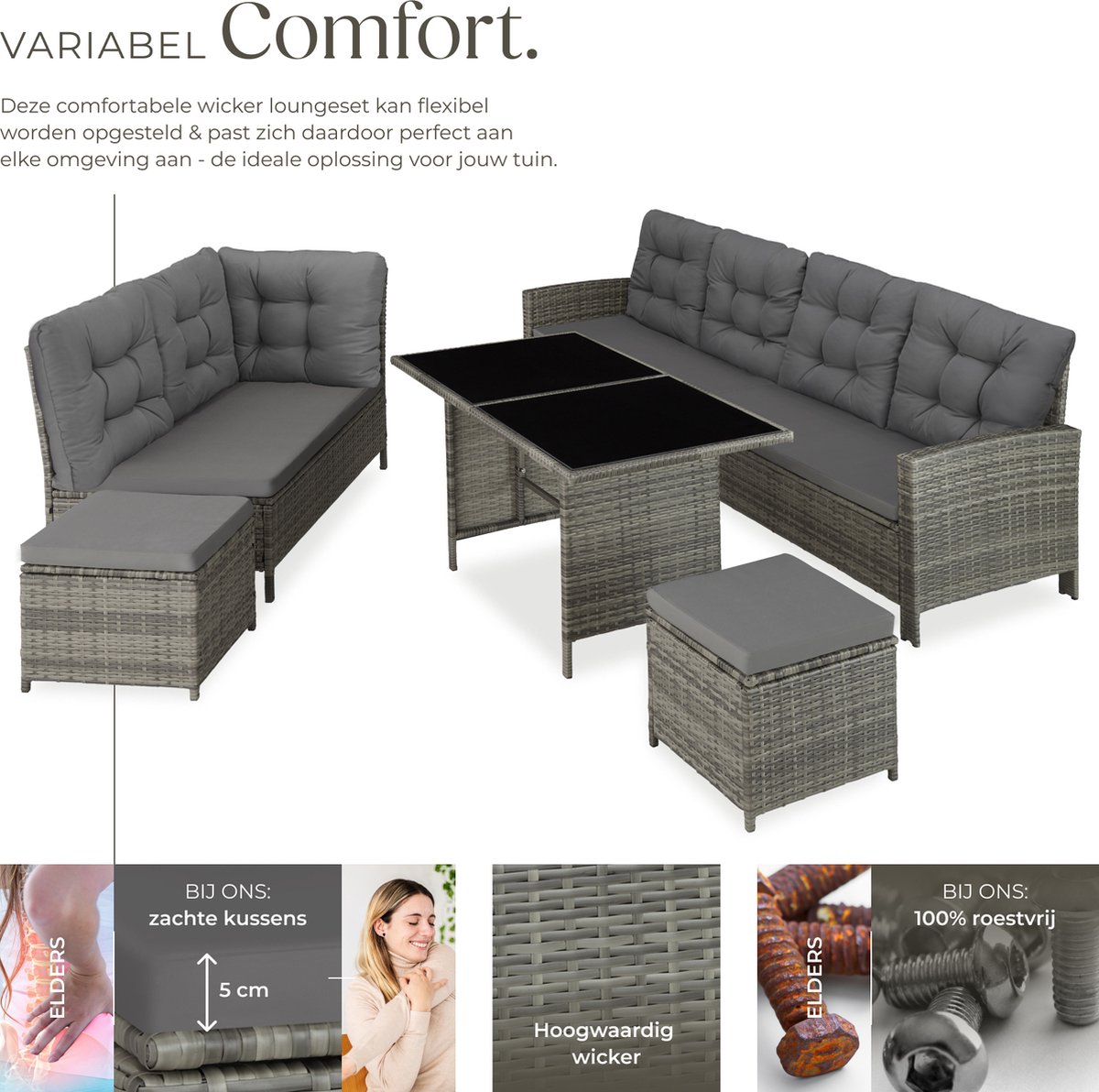 tectake® Loungeset Barletta - 6 tot 8 Personen - Modulaire Tuinset met Loungebank, Kruk en Tuintafel - Tuinmeubels - Balkonmeubel - 5-delige Zitgroep - Inclusief Kussens - Ideaal voor Tuin, Terras en Balkon - Beige met Grijze Kussens thumbnail 5