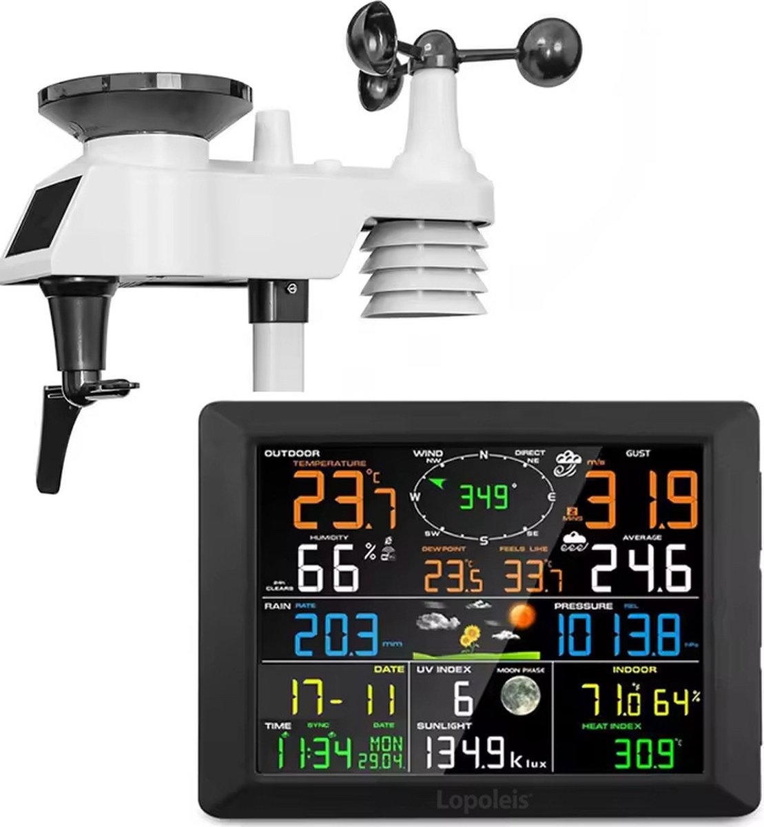 Lopoleis® Professionele Weerstation Draadloos 14-in-1 WiFi – Weerstation binnen en buiten – 8 Inch Kleurendisplay – Luchtvochtigheid – Luchtdruk & Hitte-index – 7-in-1 buiten sensoren – Weerstation met buitensensor