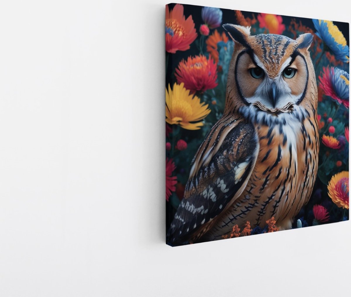 Saammp Canvas Schilderij - Uil tussen kleurrijke bloemen - Abstract - Dieren - 100x100 - Foto op canvas - Wanddecoratie - muurdecoratie Woonkamer - Slaapkamer decoratie - Canvas Print Multicolor