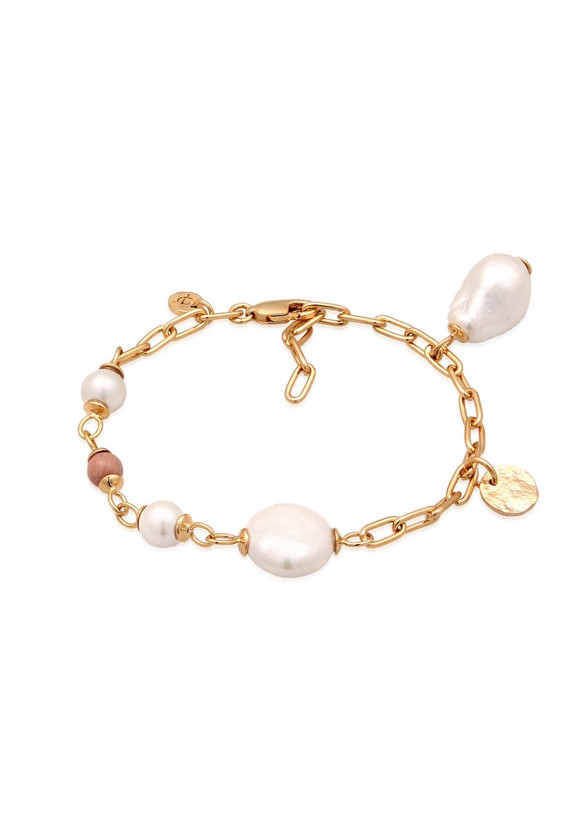 Elli PREMIUM - Armband - Elli PREMIUM Armband met Parels Dames Lange Schakelketting Rhodoniet Roze Schelp Parels Wit 925 Sterling Zilver Verguld Zomer / Strand Goud 16 cm - Dames